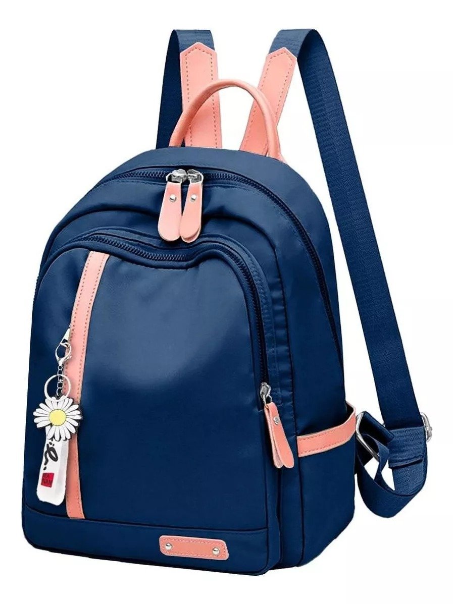 Mochila Feminina Impermeável de Nylon com Chaveirinho azul - Imagem 2
